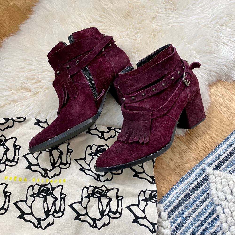 Freda Salvador Suede Fringe Heeled Ankle Boots